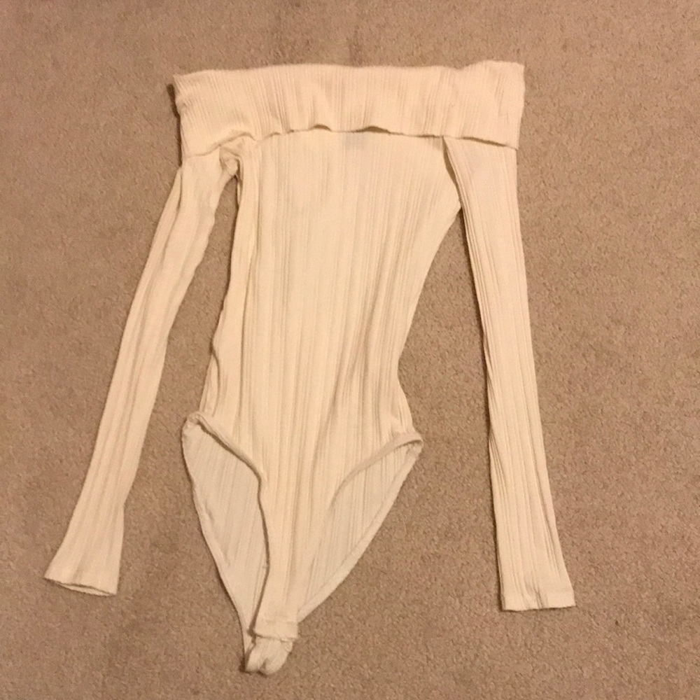 Cream colored ribbed fold over bodysuit